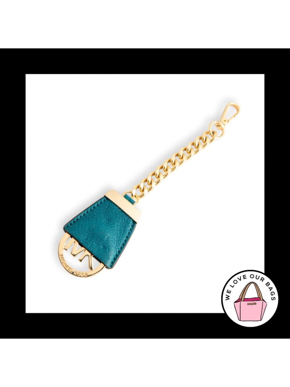 New MICHAEL KORS Gold Brass Chain Green Leather Bag Charm Hang Tag Keychain Fob